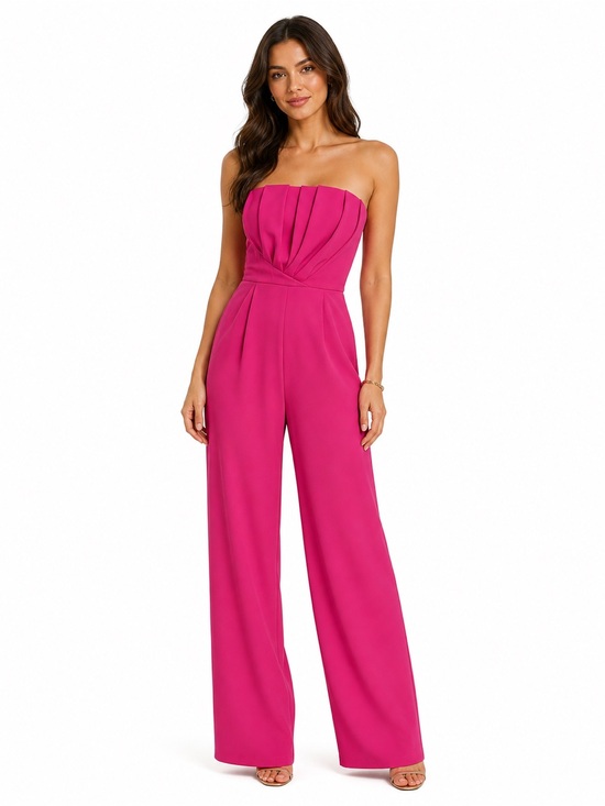 entro Pants - Entro Fuchsia Pink Strapless Pleated Bodice Wide Leg Jumpsuit